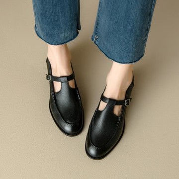 丁字扣中跟小皮鞋女英倫風2025年秋季新款棕色真皮jk黑色粗跟單鞋