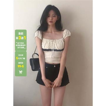 WEEKEEP 少女波點方領蝴蝶結蕾絲拼接短袖T恤修身顯瘦泡泡袖上衣