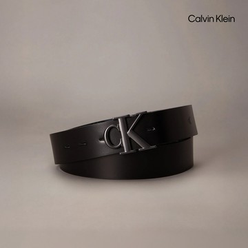 【Calvin Klein】 CK Monogram 飾牌雙面腰帶_黑色