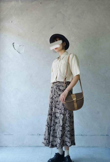 尋寶古著-古典文藝復興變形蟲佩斯利印花深棕雪紡飄逸長裙