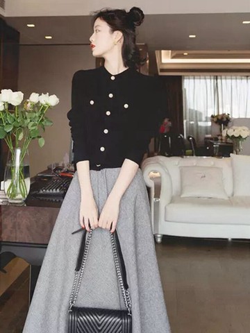 早秋名媛時尚小個子搭配秋冬季御姐炸街網紅職業毛衣兩件套裝裙女