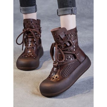 真皮鏤空馬丁靴女2025年新款夏季薄款透氣網紗涼鞋外穿高幫短靴夏