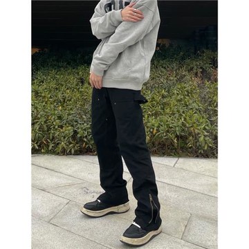 高街美式vibe風拉鏈開叉微喇叭褲男寬松直筒潮工裝休閑拖地長褲子