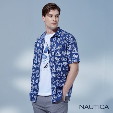 Nautica 男裝 經典海洋風格短袖襯衫-藍色