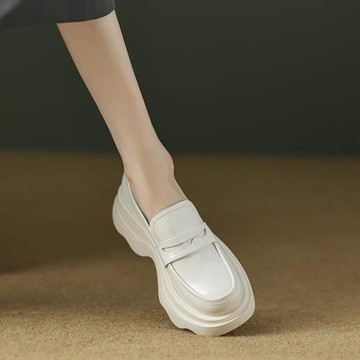 Tisdaini 顯年輕~米白色圓頭真皮單鞋女新款防滑波浪底樂福鞋6cm