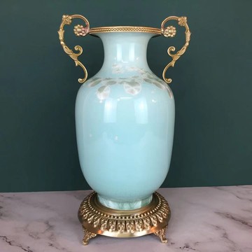 包郵純銅配陶瓷花瓶歐式美式法式軟裝樣客廳餐廳創意小奢華工藝品