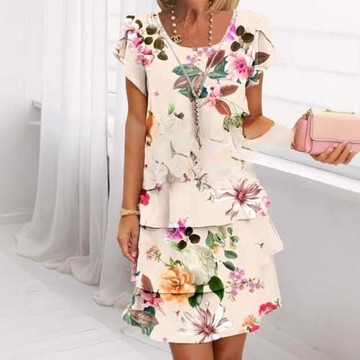 歐美速賣通短袖圓領3D印花系列春季雪紡連衣裙