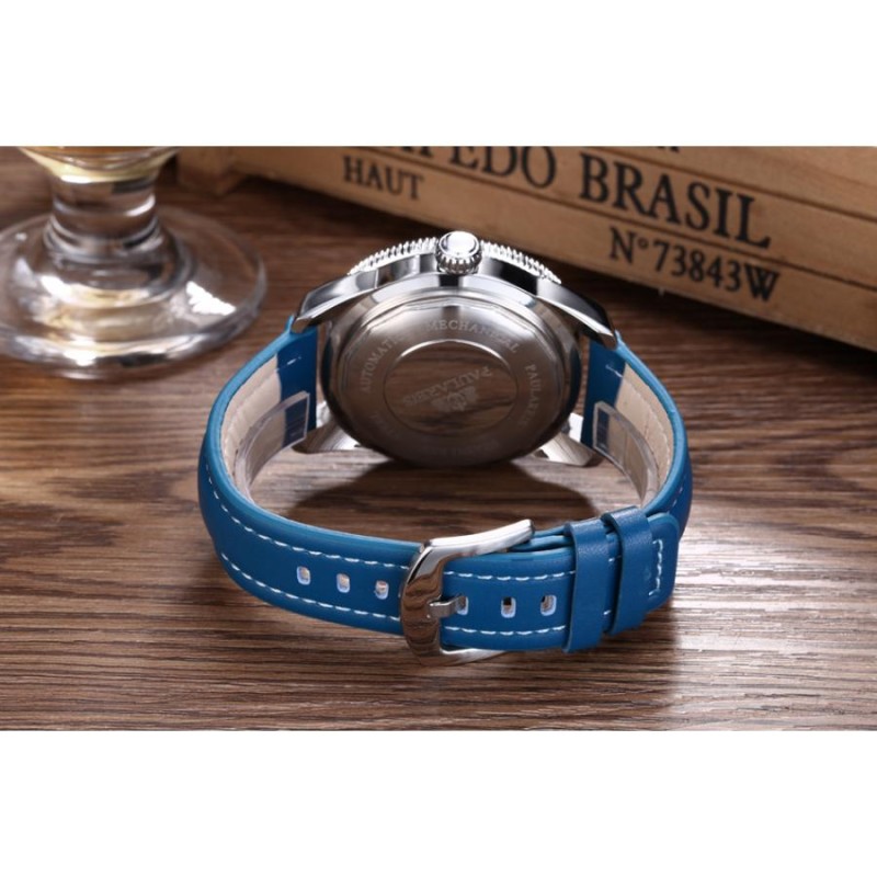 腕時計 メンズ PAULAREIS ブルー レザー 自動巻き 機械式 ステンレス 