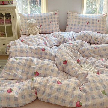 台灣出貨✨暖居·A類母嬰級ins少女心草莓針織雙層紗柔軟四件套宿舍床單三件套 床包四件套 床上四件組 水洗棉床包四件組