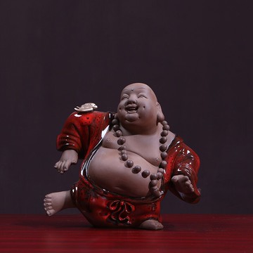 可愛紫砂小彌勒佛書柜辦公室書架裝飾品擺件個性創意工藝品