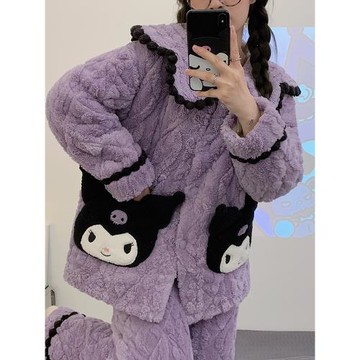 冬季可愛保暖睡衣女加厚三層夾棉珊瑚絨卡通學生可外穿家居服套裝