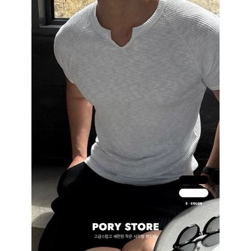 【PORY STORE】獨家！韓國螺紋修身短袖 亨利領 百搭 顯壯 緊身 健身必備 高彈力 緊身 上衣