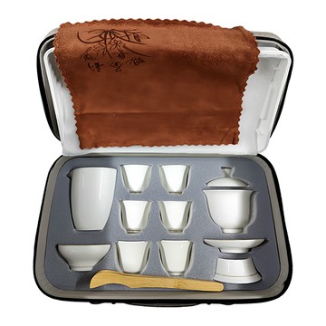 羊脂白玉瓷旅行茶具套組 實木 ABS  1個  蓋碗組 + 茶漏 + 公道杯 +茶杯6個 + 茶盤 + 茶夾 + 茶巾 + 收納盒  白色