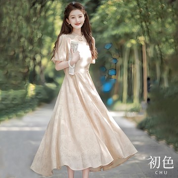 初色  清涼感透氣中式印花立領盤扣泡泡袖短袖中長裙洋裝-杏色-69676(M-XL可選)
