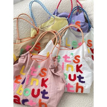 4653 韓風ins大容量托特包慵懶風字母刺繡帆布單肩包女便攜購物袋