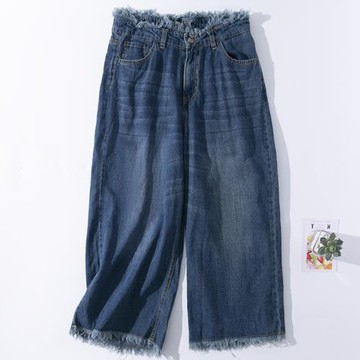 D70-2秋季新款女裝高腰顯瘦直筒闊腿褲九分褲時尚毛邊休閑牛仔褲