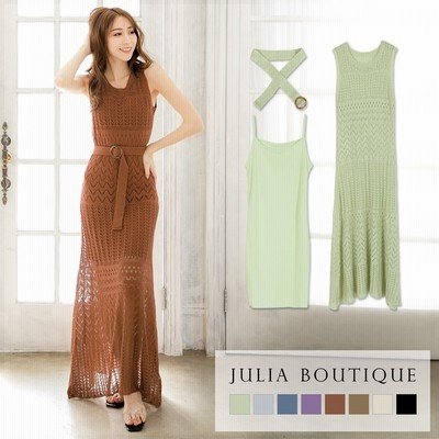 Juliaboutique 3点セット インナーキャミ付き透かし編みニットワンピース ワンピース 夏 ロング セクシー 透かし編み ニット スカート ニットワンピース マキシワンピ タイト ノースリーブ キャミワンピ インナー キャミソール ベージュ M レディース 通販 Line