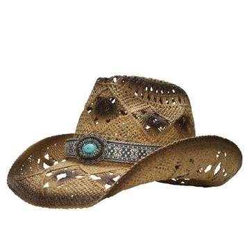 復古舒適透氣休閑百搭戶外大檐防曬遮陽西部牛仔草帽綠松石針織帶