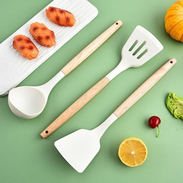 【食品級硅膠】中式木柄硅膠鏟烹飪鍋鏟不粘鍋家用廚房好物套裝白色硅膠廚具鍋勺不沾鍋廚具 廚具 煎鏟 鍋鏟 湯勺 廚房用具