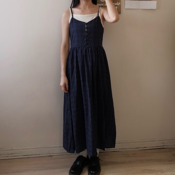 057_studio復古藍格子吊帶可調節細肩連衣裙