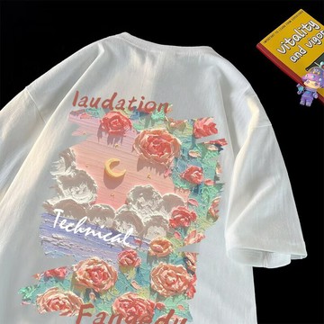 夏季新款黑白色純棉短袖 ins可愛風圖案印花短袖 男女可穿 情侶夏天圓領寬鬆休閒百搭打底上衣