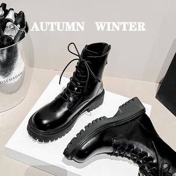 2023真皮新款秋冬系帶機車瘦瘦靴厚底馬丁靴女英倫風復古短靴子