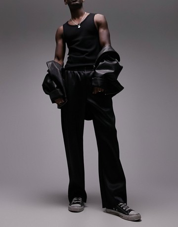 Topman faux leather plisse straight leg jogger in black