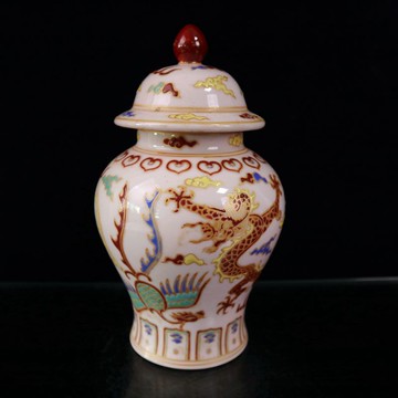 古玩收藏 大清乾隆粉彩將軍罐 五彩龍鳳紋將軍罐 壇子 儲物罐擺件