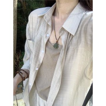 夏季簡約百搭肌理棉麻防曬襯衫吊帶兩件套寬松顯瘦薄款襯衣外套女