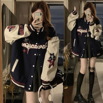 網紅爆款復古拼接撞色棒球服女春秋美式高街學生寬松百搭休閑外套
