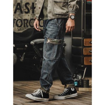 美式重磅牛仔褲男2025新款潮牌寬松大碼直筒迷彩拼接休閑工裝褲子