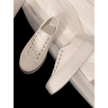 厚底小白鞋女鞋2024新款系帶圓頭百搭低幫板鞋餅干鞋松糕帆布鞋女