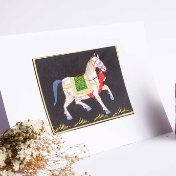 印度手繪絲綢畫 黑底 － 馬