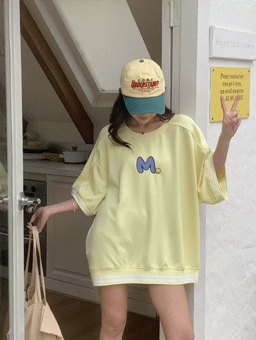 空氣棉刺繡拼接螺紋休閒大T-4色 393177