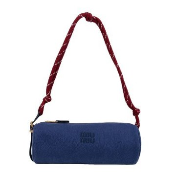 MIU MIU 刺繡LOGO標誌繩索圓筒包(藍色)