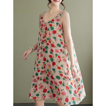 大碼女裝2025夏季新款顯瘦寬松吊帶a字裙無袖棉麻圓領印花連衣裙