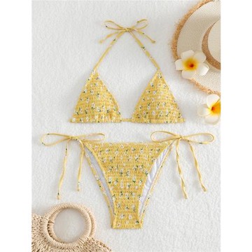 歐美女士性感分體泳衣印花三角包比基尼系帶小清新泳裝溫泉bikini