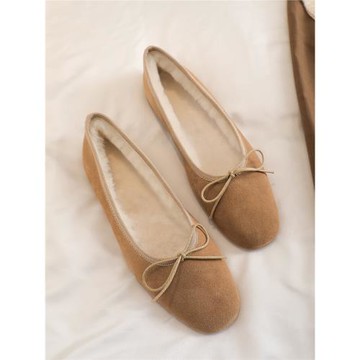 蝴蝶結毛毛鞋女2025冬季新款外穿加絨豆豆鞋平底棉鞋孕婦單鞋瓢鞋