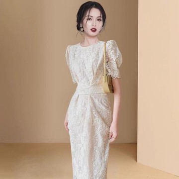 時尚高級感2025年新款夏季女裝法式設計工蕾絲小禮服泡泡袖連衣裙