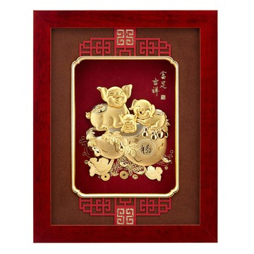 開運陶源 雅鑑鑫品 【富足吉祥】 金豬 葫蘆 純金箔畫 26 x33 cm~可掛於牆壁，後有腳架，也可以立在桌上