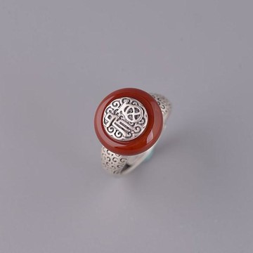 福字仿南紅寶石平安扣戒指鍍S925銀復古女款開口泰銀送媽媽禮指環