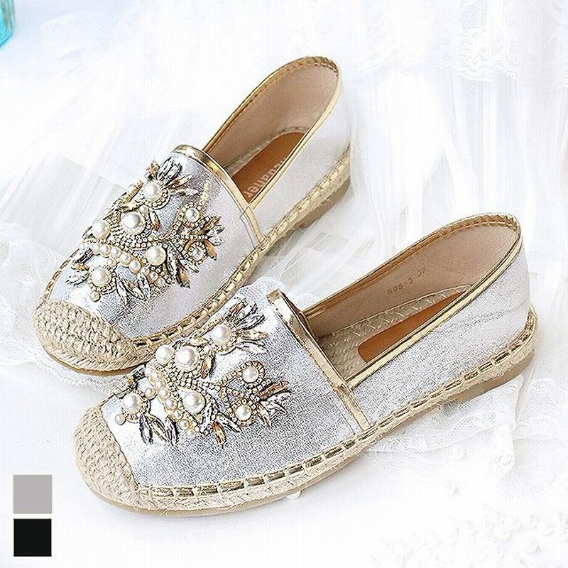 スリッポン スニーカー フラットシューズ 靴 シューズ レディース ぺたんこ ブラック シルバー ビジュー エスパドリーユ ビーズ やわらかい カジュアル ナチュラル 上品 疲れない やわらかい マタニティ 30代 40代 50代 母親 ママ バレエシューズ Zaw03 36 ブラック