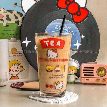 ✨限時秒殺☜桃園出貨✨新款卡通可愛ins風kt貓玻璃杯咖啡杯家居宿舍吸管杯學生水杯子
