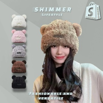 可愛小熊造型毛帽【微光】熊耳朵毛帽 針織帽 子女秋冬帽 軟糯毛絨帽 大頭圍保暖帽 包頭帽 毛線帽 毛帽 可愛毛帽 小熊帽