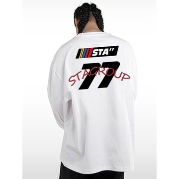 STA潮牌77字母長袖T恤男女美式重磅純棉寬松春季情侶圓領打底上衣