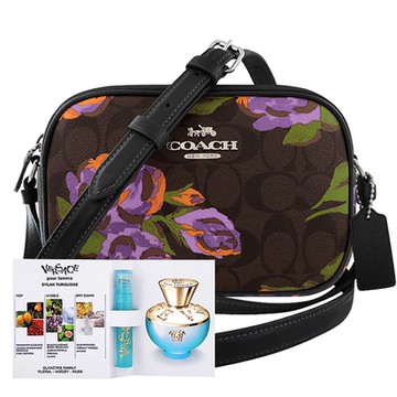 巧克力色JAMIE玫瑰花圖樣大C斜背相機包+品牌小香水