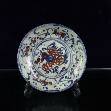 古玩收藏 元青花釉里紅花紋盤 手繪花鳥碟子 仿古瓷器收藏擺件