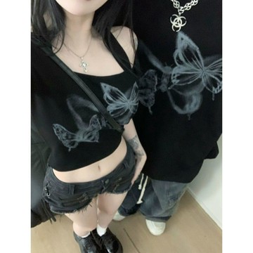好評洗版推薦⭐心動之鎖王炸情侶裝黑色蝴蝶印花短袖T恤男女露肩短款寬鬆上衣潮1TNC