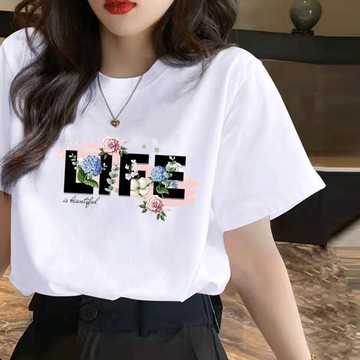 胖胖美依 上衣 T恤 短袖上衣 L-5XL字母花朵印花短袖休閒ins時尚韓版洋氣打底衫圓領T恤-6351.