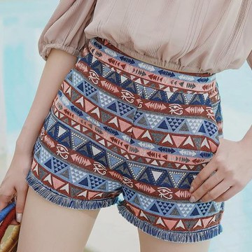 海邊度假短褲女夏流蘇高腰民族風波西米亞闊腿褲小個子沙灘褲寬松